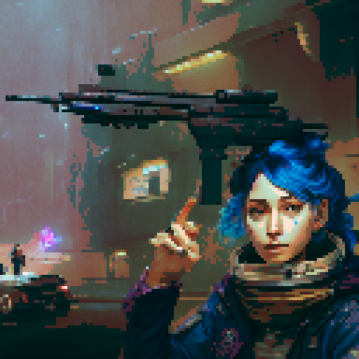 blue haired girl smoking cigarette, and man on the left holding gun, night time rainy streets, grim