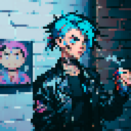 school, punk, rebellious character with spiky blue hair, torn black leather jacket covered in band patches, holding a spray paint can, surrounded by vibrant graffiti on brick walls, against a backdrop of lockers covered in stickers, all rendered in sRGB pixel art
