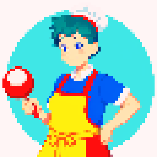 Cute, vibrant, playful chef, apron, appears to be juggling utensils but no utensils are in shot, pixel art, colorful, character facing forward, character looking up concentrating on juggling, no background, sRGB