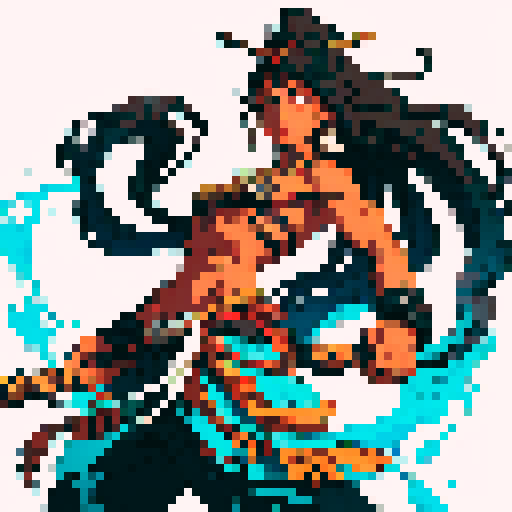 Pixel art of Kurupí, a muscular mythical creature with wild hair and a flexible lasso-like appendage, in Aboriginal Indigenous art style murals, featuring bold black and white patterns with tribal markings