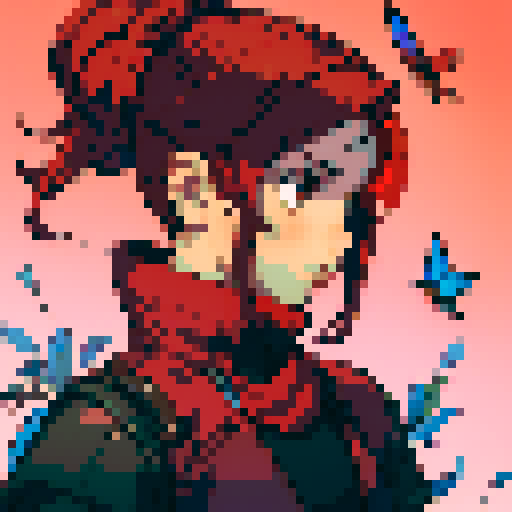 girl with red hair and red butterflies flying around her