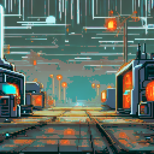 Run-down, apocalyptic atmosphere with dilapidated machinery and sparks flying in a pixel art, sRGB, background landscape of a Futuristic robot factory Towering metal structures and cracked concrete floors create an eerie ambiance, illuminated by flickering neon lights Rusty conveyor belts and broken windows reveal shattered glass, while discarded robot parts lie among overgrown vines Eerie shadows dance across abandoned control panels, with parallax effects adding depth to the scene