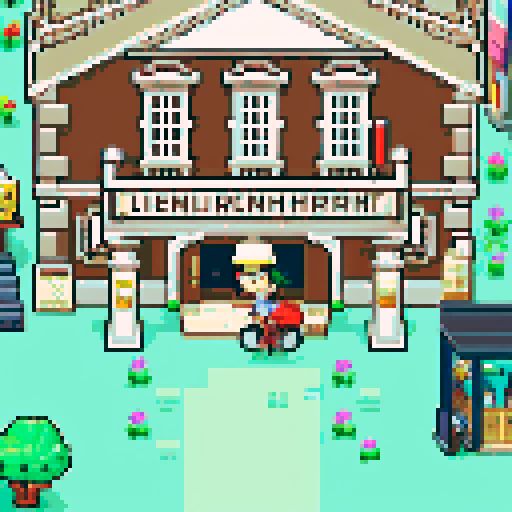 big, modern city map with interchangeable tiles, bustling street with vibrant characters, entrance of a towering building, road lined with pixel art lampposts, colorful storefronts, sRGB color palette creating a lively and immersive pixel art cityscape