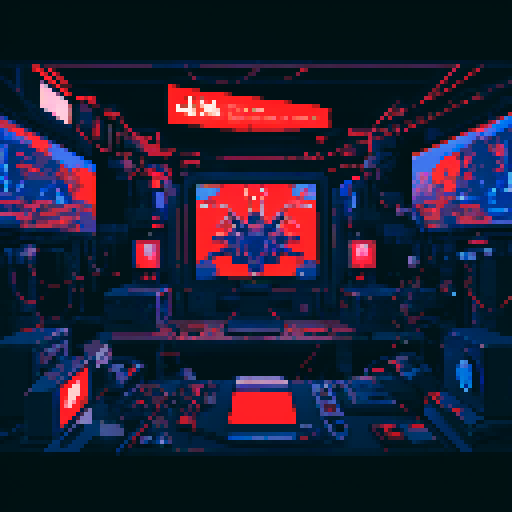 giant futuristic computer banks, vivid red monitors, hanging cables and cords, bioorganic towers of machines, dark fog, snaking cables on pixel art