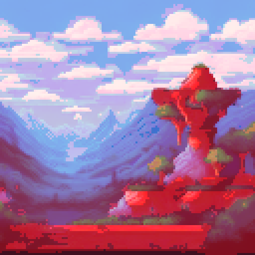 layered mountains, dense forest, wooden fence, vibrant colors, pixelated details, sRGB palette, serene background, picturesque landscape