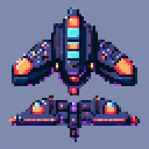 a transparent sprite for a space game. It needs to look like the top view of a futuristic spaceship style of the 90s.