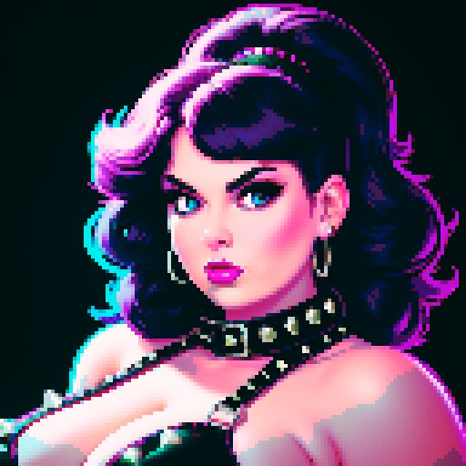 curvy, busty 1980s rocker babe with studded collar. Portrait of head, in a close up glamour shot. Wearing Halter top. Neon lighting, modern tile backsplash