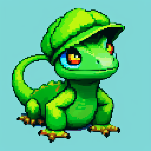 anthropomorphic lizard with cap, minimalistic, dark colors, pixelated details, retro video game style, vibrant green scales, expressive eyes, cap with a pixelated design