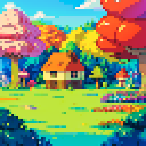 pixel art landscape map with tall, vibrant trees, whimsical mushrooms, cozy houses, and colorful flowers
