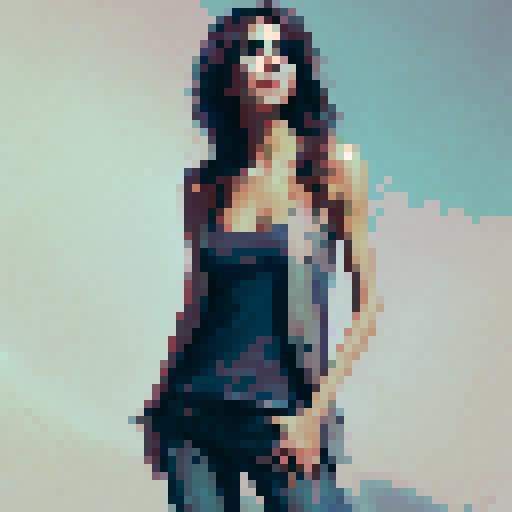 beautiful Latina young woman, bobcut, strapless shirt, jeans, high heels, beach, smile