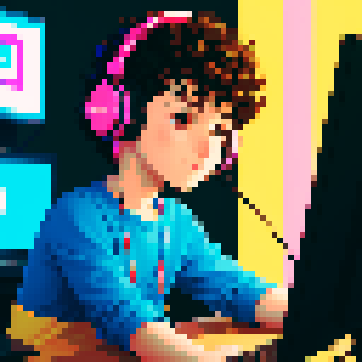 Close-up of a brunette curly boy developer with headphones, coding on screen, vibrant sRGB pixel art