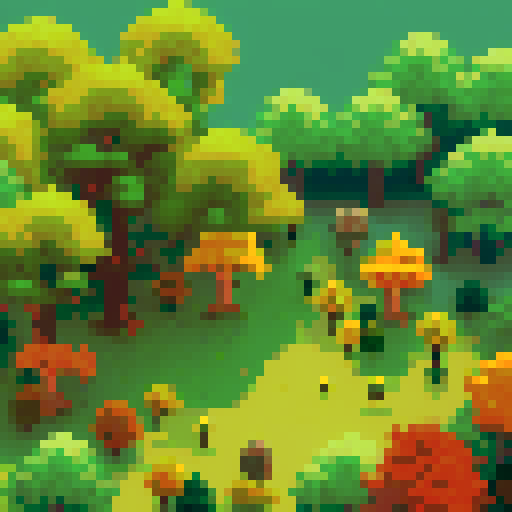 Evergreen and deciduous tree sprites intertwined in a luscious forest, with vibrant green leaves and warm autumn hues, all depicted in charming pixel art