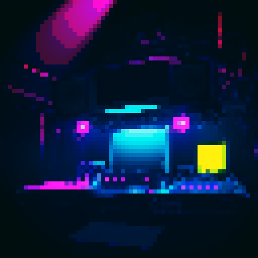 dj booth, crowded foreground, platform along bottom, dark dramatic lighting, club lighting, sRGB, pixel art, background landscape