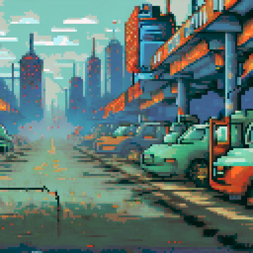 run-down, apocalyptic atmosphere, pixel art, inside of a Futuristic robot factory, sRGB, pixel art, background, landscape, dilapidated machinery, sparks flying, smog-filled air, towering metal structures, cracked concrete floors, flickering neon lights, rusted conveyor belts, broken windows, shattered glass, discarded robot parts, overgrown vines, eerie shadows, abandoned control panels