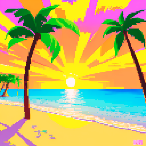 vibrant, 16-bit, Sega Genesis style palm trees swaying on a vaporwave beach with a golden sunset casting sRGB colors over the water