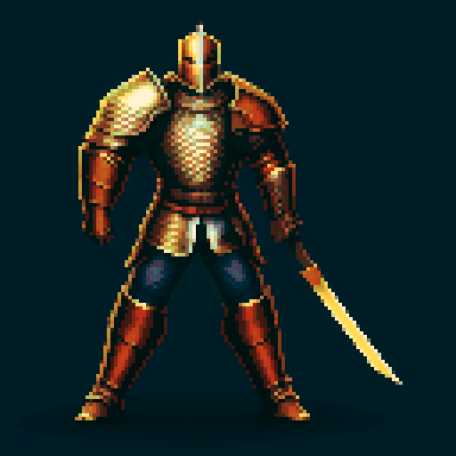 pixel art picture of a human male knight with a two-hand sword, vibrant colors, detailed shading, and smooth lines, heavy armor, confident stance, muscular build, armored helmet, deep red and gold armor, detailed sword, detailed shading, smooth lines