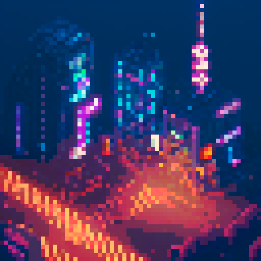 developer brunette curly boy, neon-lit Tokyo behind, coding lines on screen, pixel art style, vibrant colors, retro-futuristic cityscape, glowing skyscrapers, bustling streets, arcade machines, cyberpunk aesthetic, digital rain, holographic advertisements,