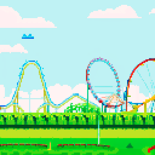 Amusement park, vibrant roller coasters, whimsical carousels, towering ferris wheels, vibrant colors, pixel art