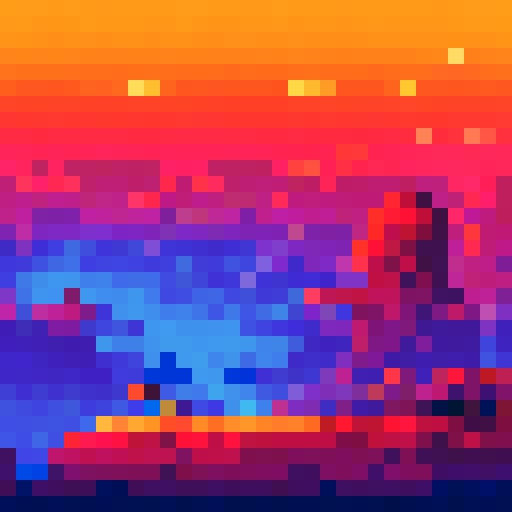 Pixel desert, towering cliffs, vibrant sunset colors, massive sun casting long shadows, distant planet visible in the sky, otherworldly landscape, pixel art style emphasizing sharp edges and limited color palette, 320 by 180 resolution, sRGB color space, background showcasing the vastness of the alien desert