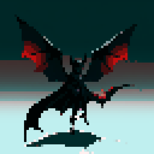 A larger, more menacing shadowy figure with smoky tendrils, large bat-like wings, and piercing red eyes. Its body is mostly hidden in darkness, giving it an ethereal, ghostly appearance. White background.
