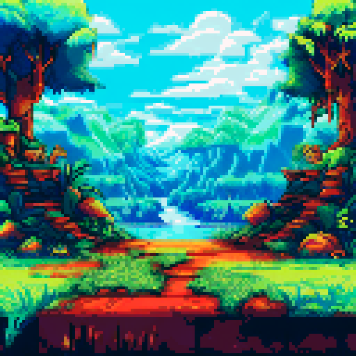 Undertale Ruins exit, a mossy stone archway towering above a winding path leading out of the underground, framed by lush green foliage and a faded, pixelated sunset in the sRGB background