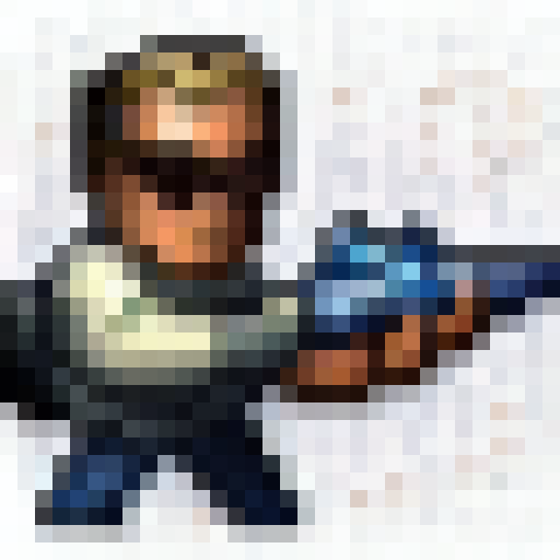 Pixelated gangster character grips his gun tightly in a close-up, 16x16 game icon-style portrait with bold colors and sharp edges.