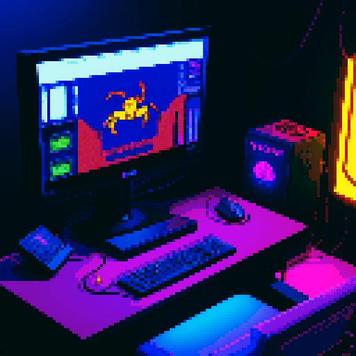 scorpion playing computer games in a cyberpunk room with coca cola and potato chips