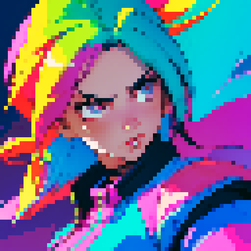 cool long hair guy with vibrant, neon-colored locks, rocking a retro-inspired pixel art hairstyle