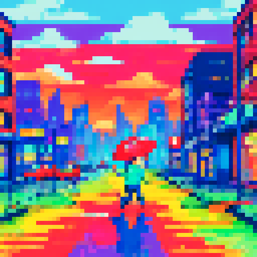 boy with messy hair, strumming guitar, raindrops falling, colorful umbrella, puddles reflecting neon lights, city skyline in the distance, buildings with pixelated windows, wet pavement shimmering, streetlights casting long shadows