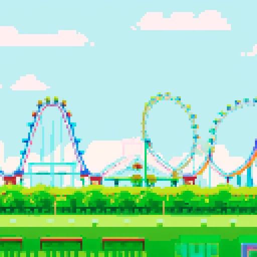 Amusement park, vibrant roller coasters, whimsical carousels, towering ferris wheels, vibrant colors, pixel art