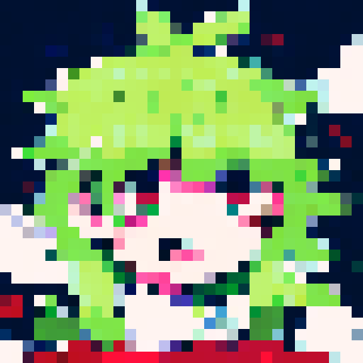 Sprite, girl with brown short hair, blue ribbon, green eyes, waving animation, smile, character portrait, close up, anime style, pixel art