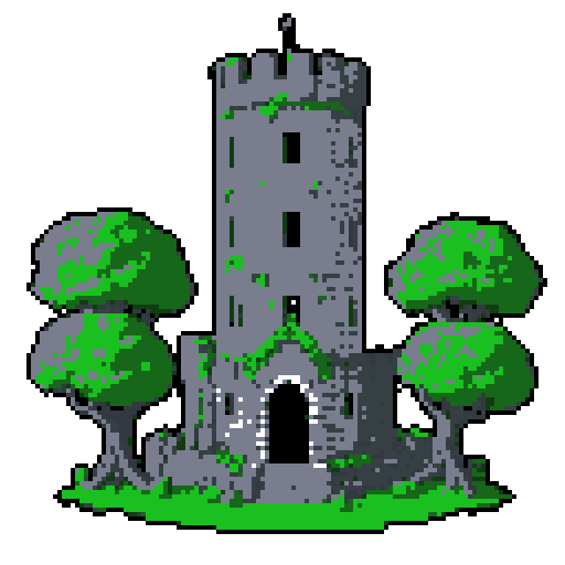 2d grey stone tower in an ancient english style. Old and crumbling but still upright. Green vines crisscross it. Usable as an asset (clear, thick lines and a white background). Put a black stroke around the composition