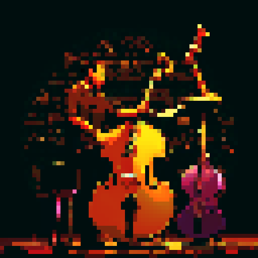 jazz musicians playing instruments, drums, double bass, saxophone, guitar, microphone, setting is a dimly lit bar, backlit, black, dark purple, brown, gold, pixel art style, sRGB