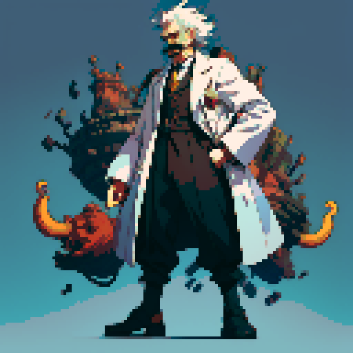 male mad scientist facing left with mustache full-body image