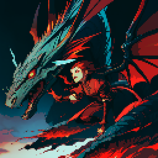 red dragon, fiery scales, sharp claws, fierce expression, towering presence, detailed pixel art, vibrant colors, textured scales, intricate patterns, glowing eyes, majestic wings, powerful tail, smoke billowing from nostrils