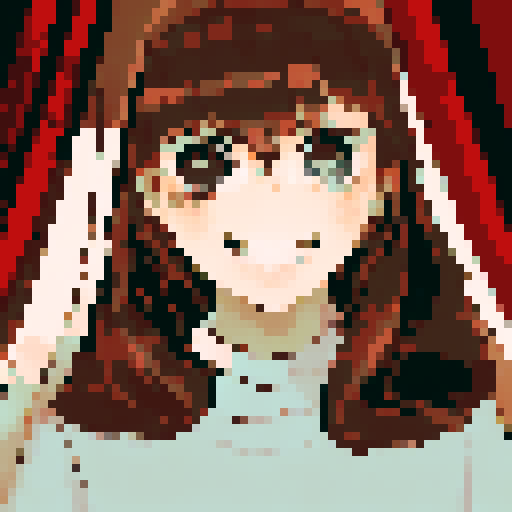 Brown and red-haired girl with a beaming smile framed by billowing blue curtains, captured in a character portrait with close-up details and an anime style, rendered in pixel art