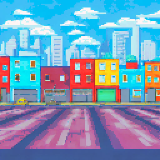 Empty parking lot with cracked asphalt, surrounded by brightly colored houses and tall buildings, with a sprawling map of the city in the background, all rendered in vibrant pixel art, large area