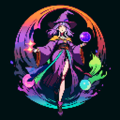 full-body art, witch, with a giant witch hat, vibrant purple robes, long flowing hair, holding a glowing crystal ball, surrounded by swirling colorful magic, casting spells in a mystical forest, with a crescent moon shining above, pixelated style with detailed shading