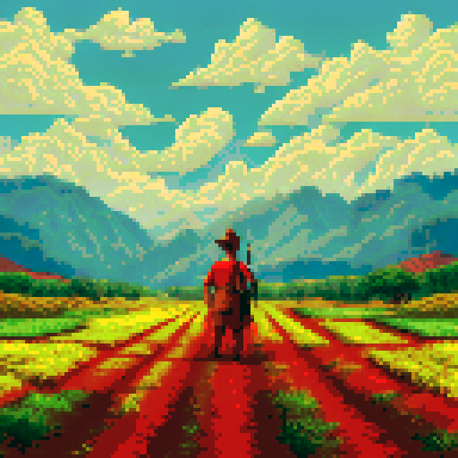 A jovial farmer, adorned in opulent attire, stands amidst bags of golden coins, framed by a pixelated backdrop of rolling hills and azure skies in vibrant sRGB hues
