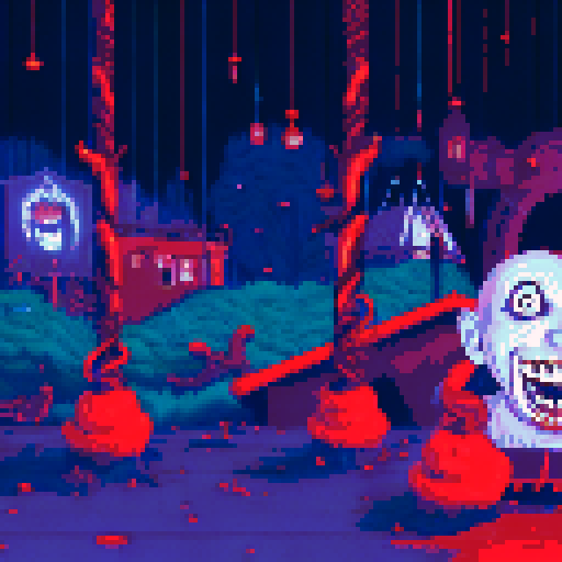 Blood-curdling clown with sharp teeth and glowing eyes lurking in an abandoned carnival-themed indoor playground filled with decrepit toys and surrounded by a dark, eerie landscape with pixelated, sRGB-style background