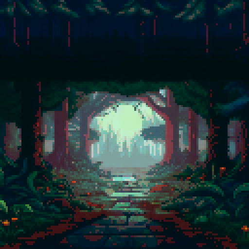 abandoned house in the middle of the woods, enormously tall trees casting long shadows, shadow people hiding, sRGB, pixel art, background