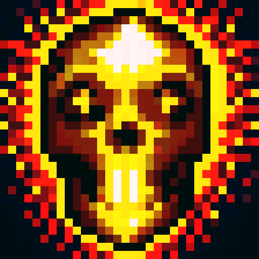 A raging inferno engulfs a tiny metropolis, with sinister skulls appearing in the flames and their ghostly visages haunting the smoke, all rendered in vibrant pixel art