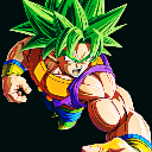DBZ Broly, Legendary Super Saiyan, fierce, muscular, towering, green hair, bulging veins, explosive energy, pixel art, vibrant colors, intense shadows, sRGB