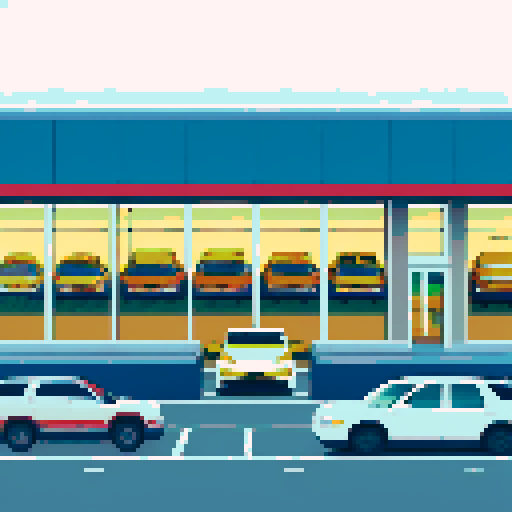 cars are behind the glass of the car dealership, many cars are in a row, a large glass