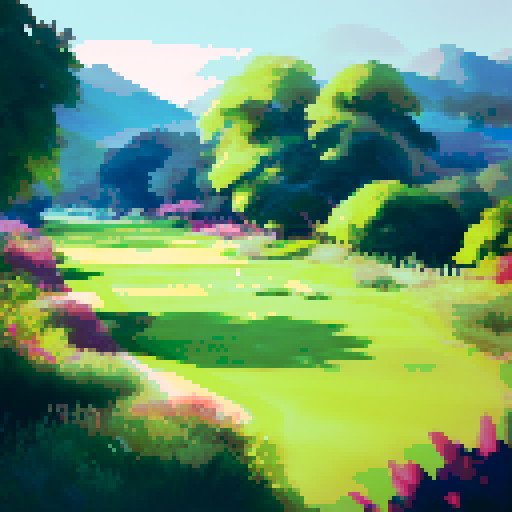 Sprawling, manicured fairways lined with vibrant flowers, towering palm trees casting long shadows, a golfer in pristine white attire swinging their club with precision, capturing the elegance and grandeur of a high-class golf course in a landscape portrait