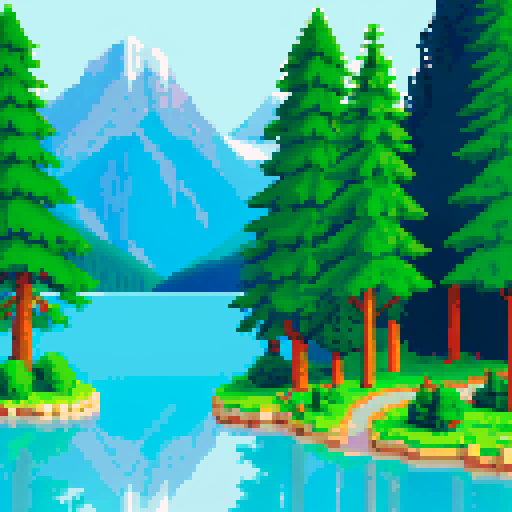 mountains looming, tall evergreens, shimmering lake, pixelated landscape