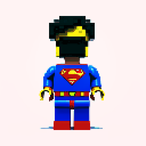 superman flying, vibrant pixelated red and blue costume, blocky lego-like figure, retro video game-inspired artwork, bold primary colors, sRGB color space