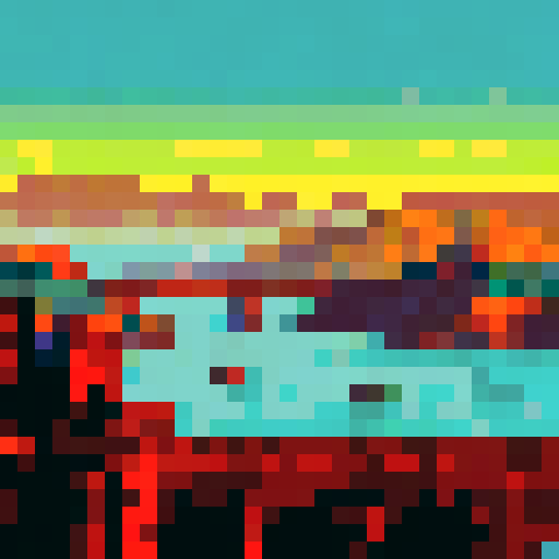 Golden Gate Bridge, Palace of Fine Arts, sRGB, pixel art, background, landscape, vibrant colors, detailed architecture, intricate patterns, geometric shapes, serene atmosphere, sunset hues, shimmering water, towering structures, symmetrical composition, retro aesthetic, nostalgic vibes, iconic landmarks