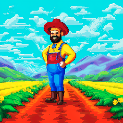 A jovial farmer, adorned in opulent attire, stands amidst a bountiful landscape of shimmering, golden coins, framed by a pixelated backdrop of rolling hills and azure skies in vibrant sRGB hues