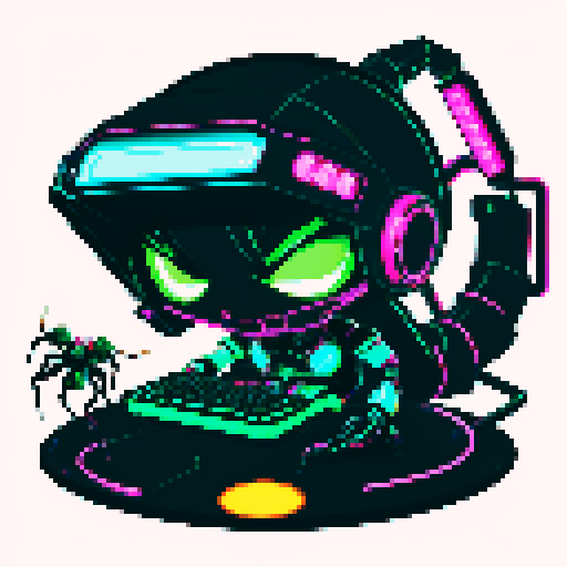 cute cyberpunk scorpion with human head, human head is from anime inspired character with vibrant hair, expressive eyes, and a playful smile, scorpion is playing computer games, tables with coca cola, scorpion's tail should be fully in the picture, bright yellow and cyan and pink lights